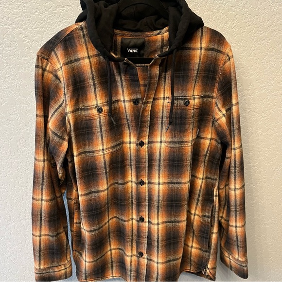 Vans LOPES hooded flannel shirt orange black plaid classic fit size Large - Picture 2 of 11